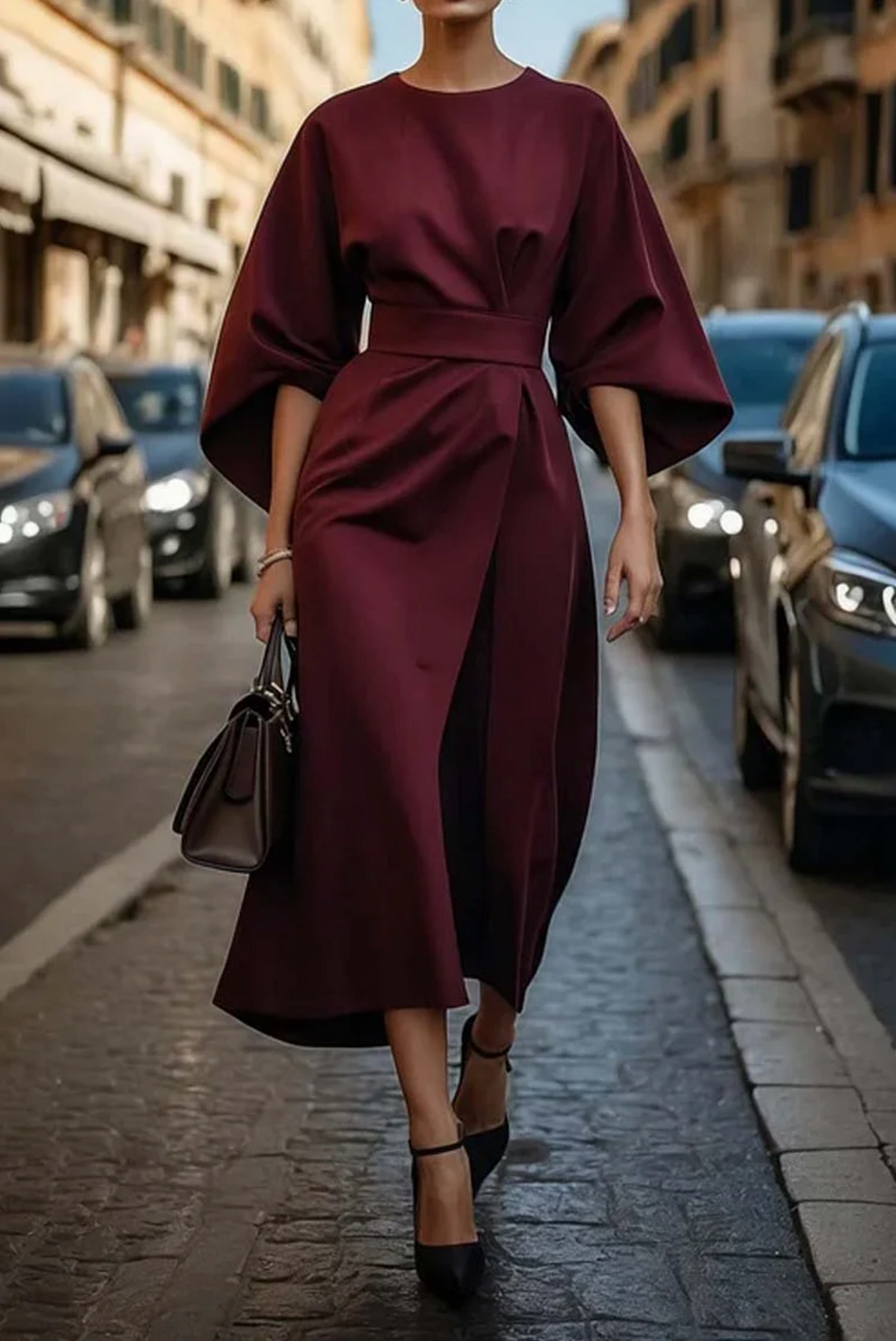 Sofia - vestido elegante con mangas farol y cinturón