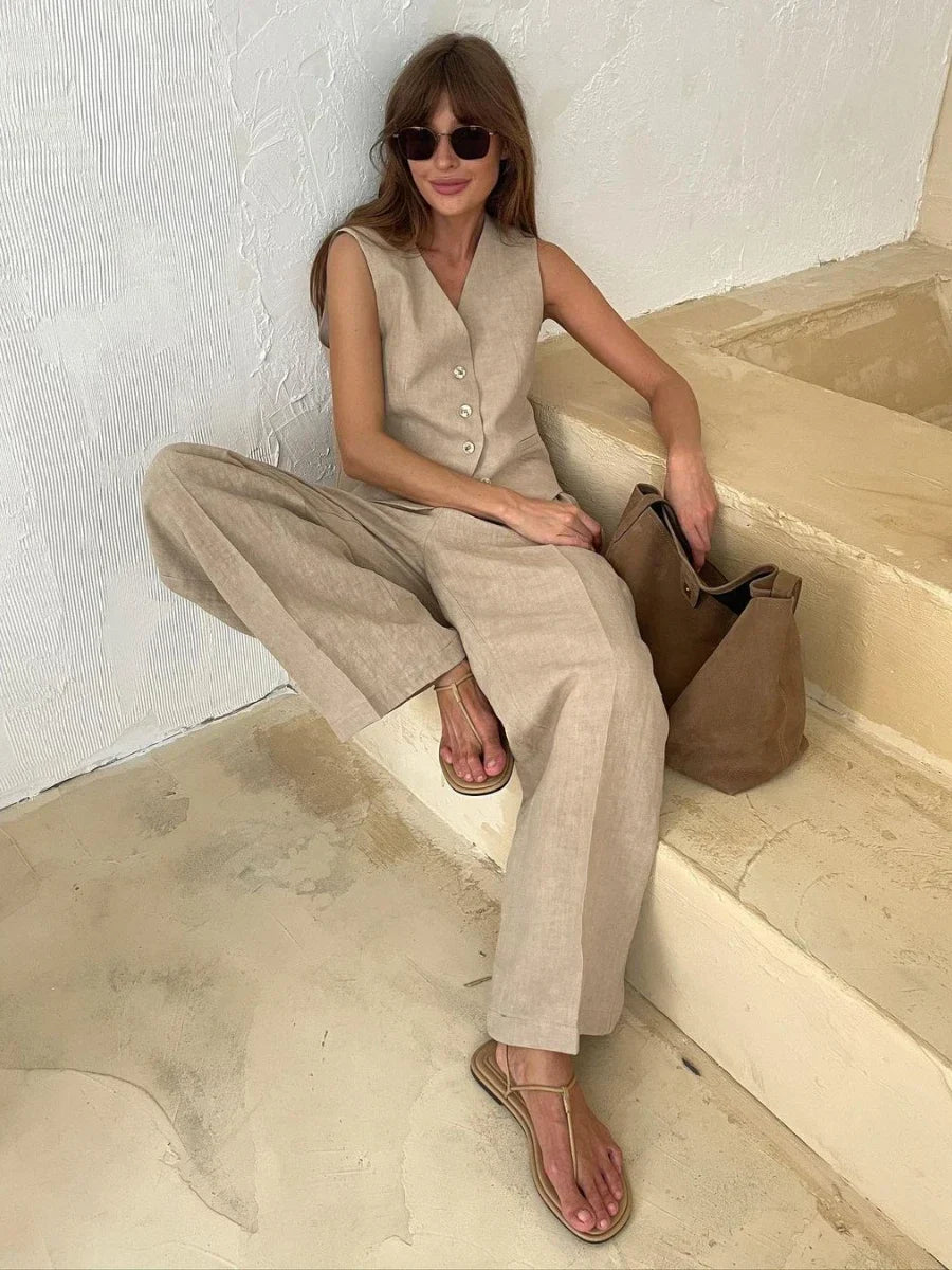 Elanora Tailored Waistcoat and Wide-Leg Trouser Two-Piece Set – Orange, Beige or Black Smart Co-Ord Set