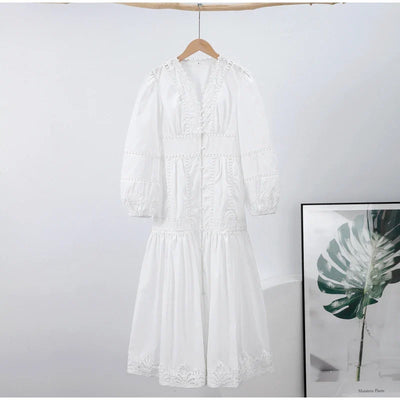 Marvella Embroidered V-Neck Maxi Dress – Boho Long Sleeve Tiered Button Dress