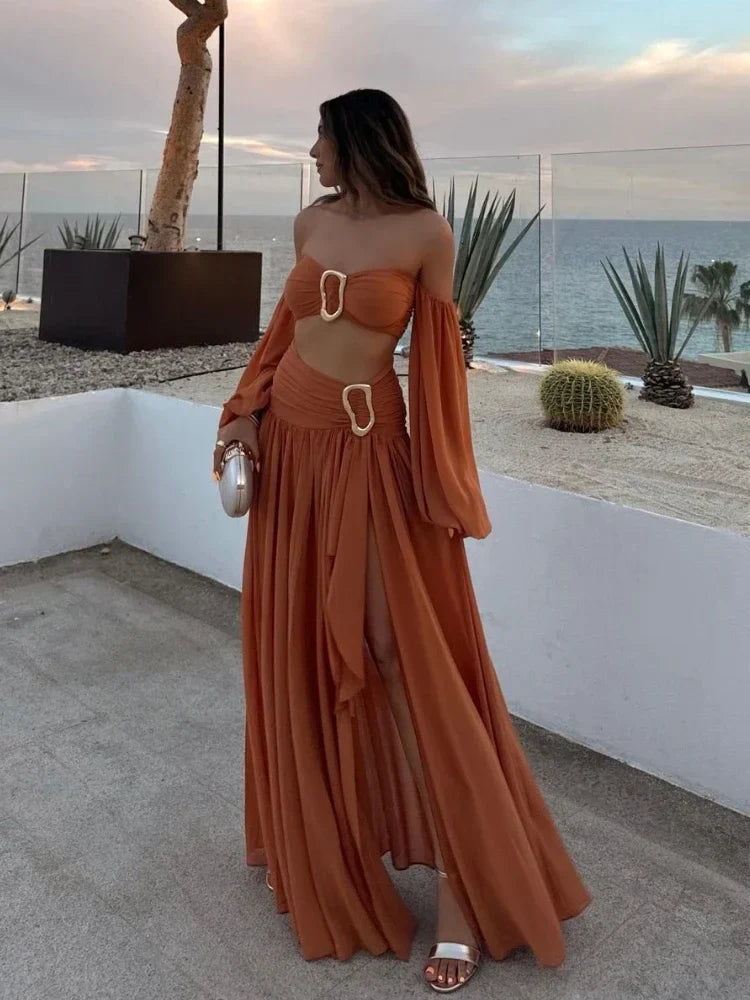 Sexy  Pleated Split Midi Skirt Dress Set