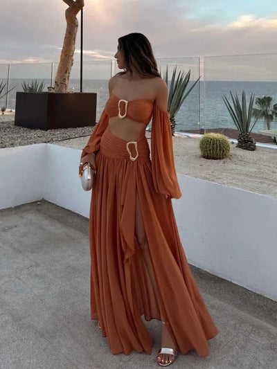 Sexy  Pleated Split Midi Skirt Dress Set