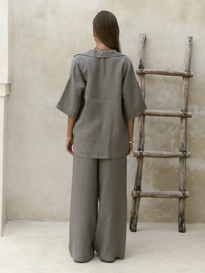 Ismena Oversized Shirt and Wide-Leg Trouser Co-Ord Set – Relaxed Linen Look Beach Holiday Outfit in White, Taupe, Beige & Grey