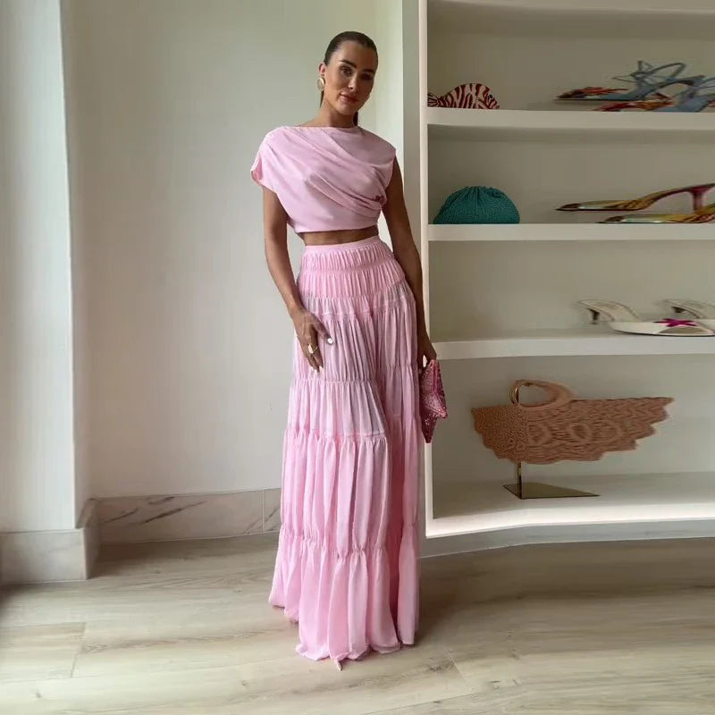 Elviana Draped Crop Top and Tiered Maxi Skirt Co-Ord Set – Soft Pink Summer Occasion Outfit