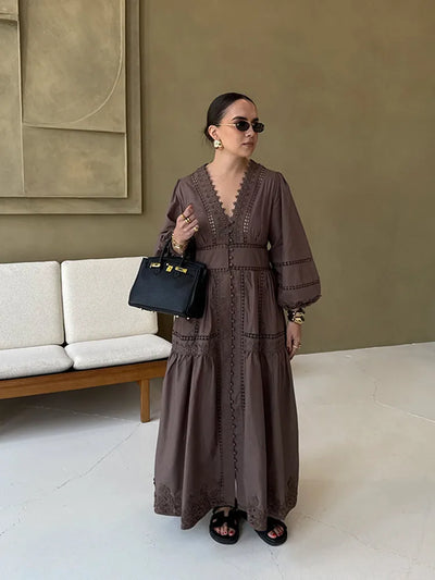 Marvella Embroidered V-Neck Maxi Dress – Boho Long Sleeve Tiered Button Dress