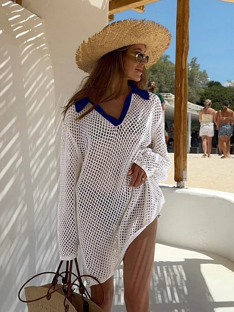 Avina Crochet Beach Shirt Dress Cover-Up – Long Sleeve Summer Holiday Mesh Tunic