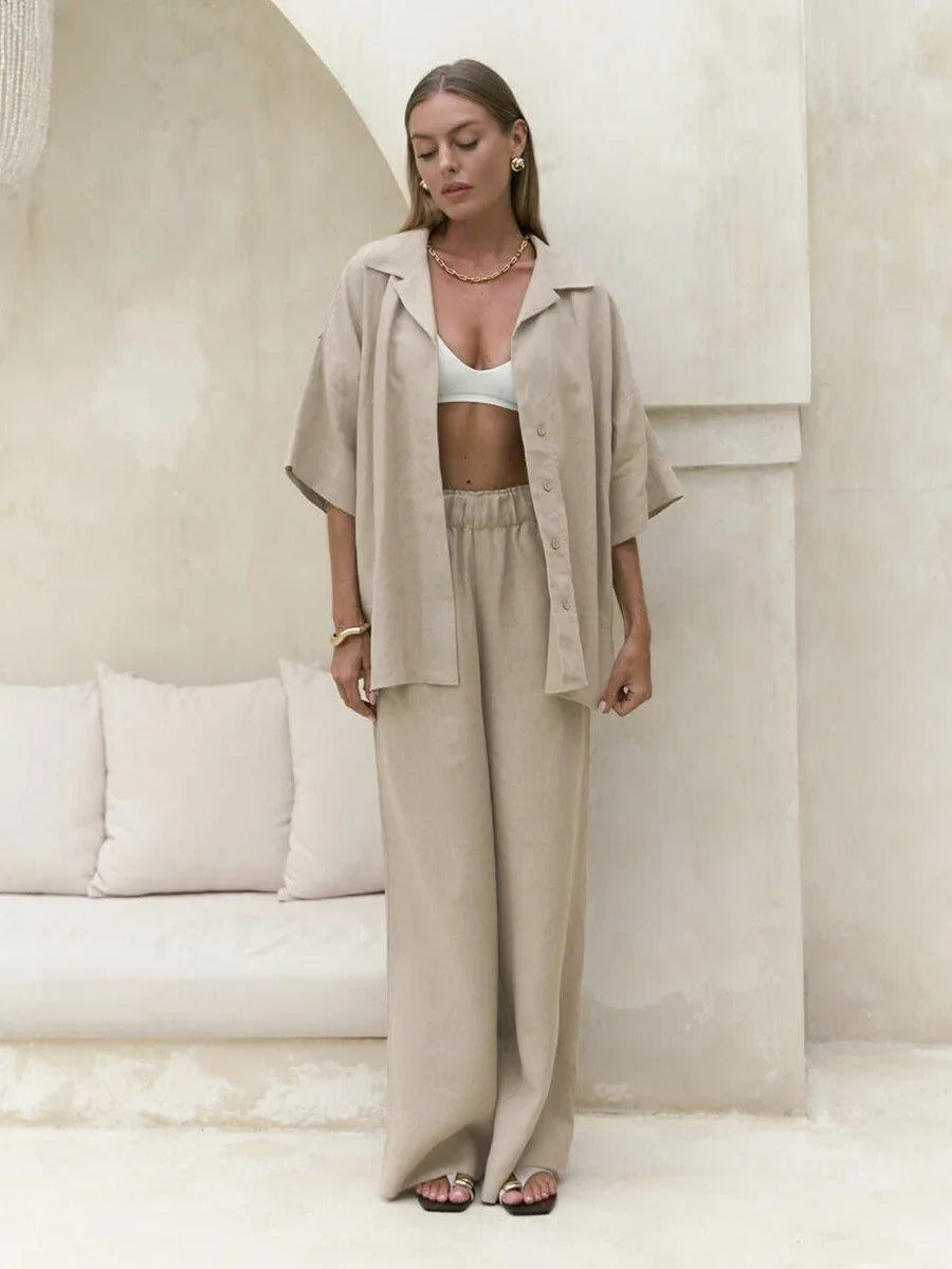 Ismena Oversized Shirt and Wide-Leg Trouser Co-Ord Set – Relaxed Linen Look Beach Holiday Outfit in White, Taupe, Beige & Grey