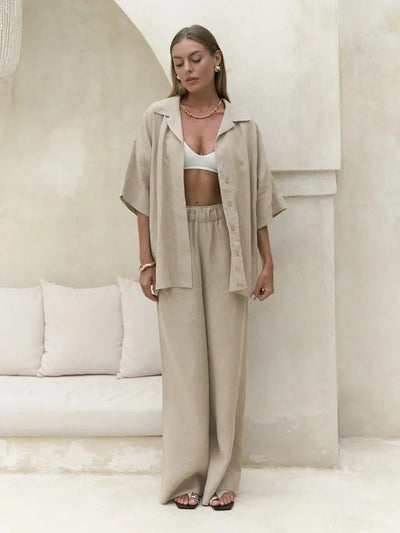 Ismena Oversized Shirt and Wide-Leg Trouser Co-Ord Set – Relaxed Linen Look Beach Holiday Outfit in White, Taupe, Beige & Grey
