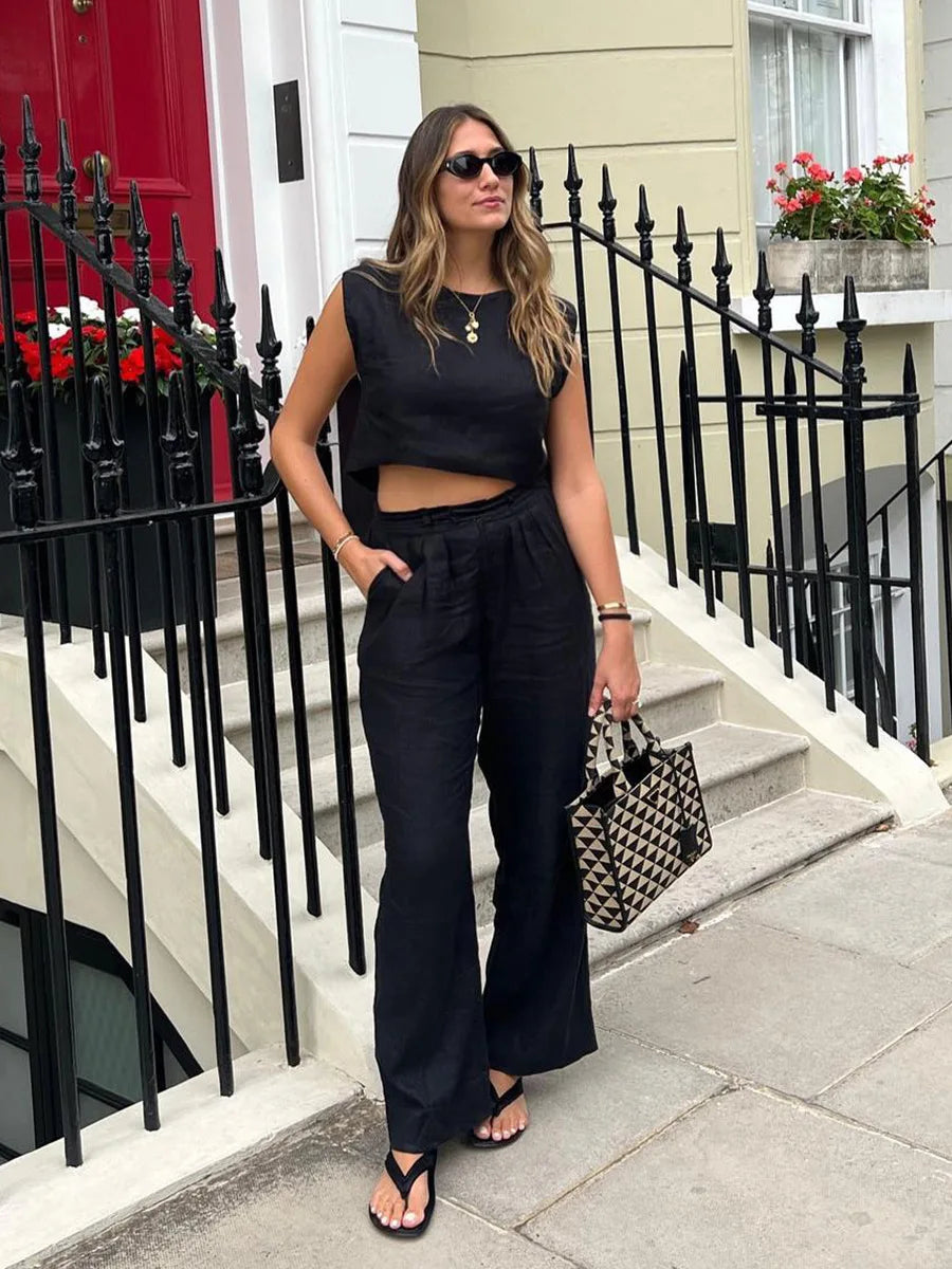 Solena Cotton Linen Co-Ord Set – Sleeveless Vest and Wide-Leg Trousers Two-Piece Summer Outfit