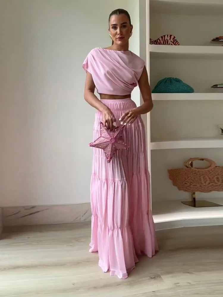 Elviana Draped Crop Top and Tiered Maxi Skirt Co-Ord Set – Soft Pink Summer Occasion Outfit