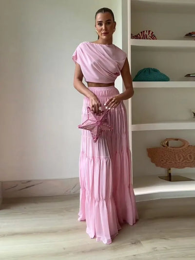 Elviana Draped Crop Top and Tiered Maxi Skirt Co-Ord Set – Soft Pink Summer Occasion Outfit
