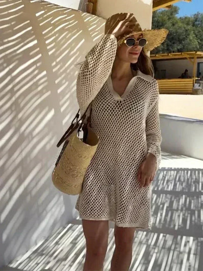 Avina Crochet Beach Shirt Dress Cover-Up – Long Sleeve Summer Holiday Mesh Tunic