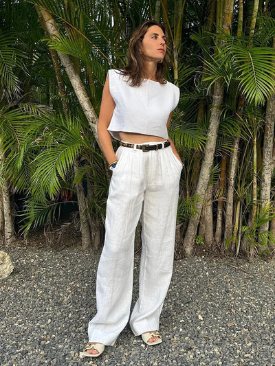 Solena Cotton Linen Co-Ord Set – Sleeveless Vest and Wide-Leg Trousers Two-Piece Summer Outfit