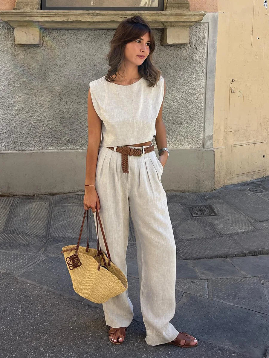 Solena Cotton Linen Co-Ord Set – Sleeveless Vest and Wide-Leg Trousers Two-Piece Summer Outfit
