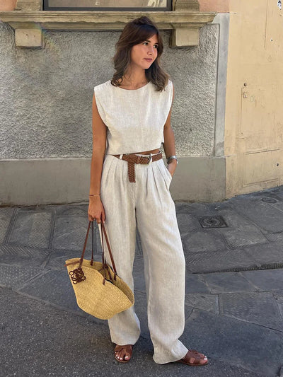 Solena Cotton Linen Co-Ord Set – Sleeveless Vest and Wide-Leg Trousers Two-Piece Summer Outfit