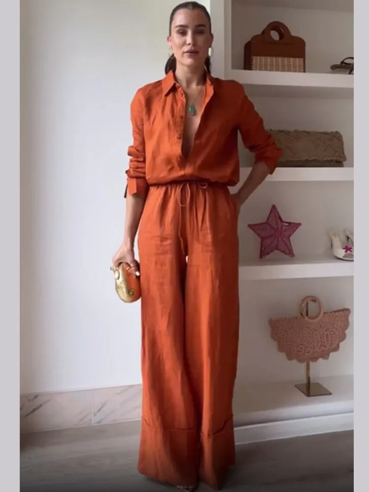 Maribel Burnt Orange Co-Ord Set – Button-Up Shirt and Wide-Leg Trousers Summer Holiday Outfit