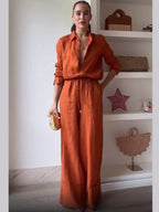 Maribel Burnt Orange Co-Ord Set – Button-Up Shirt and Wide-Leg Trousers Summer Holiday Outfit