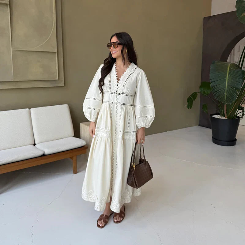 Marvella Embroidered V-Neck Maxi Dress – Boho Long Sleeve Tiered Button Dress