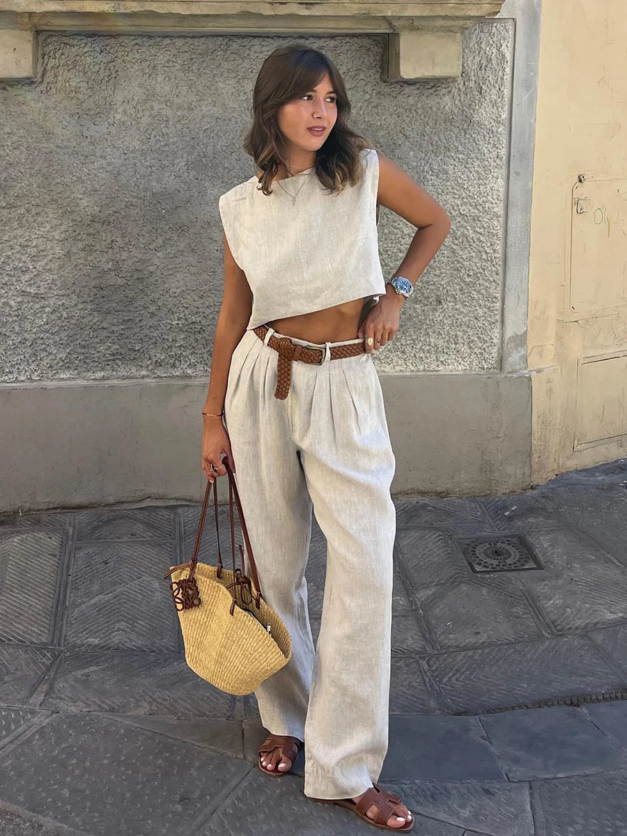 Solena Cotton Linen Co-Ord Set – Sleeveless Vest and Wide-Leg Trousers Two-Piece Summer Outfit