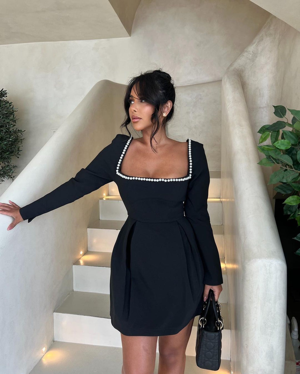 Cyrillae | Pearl Neck Pleated Mini Dress