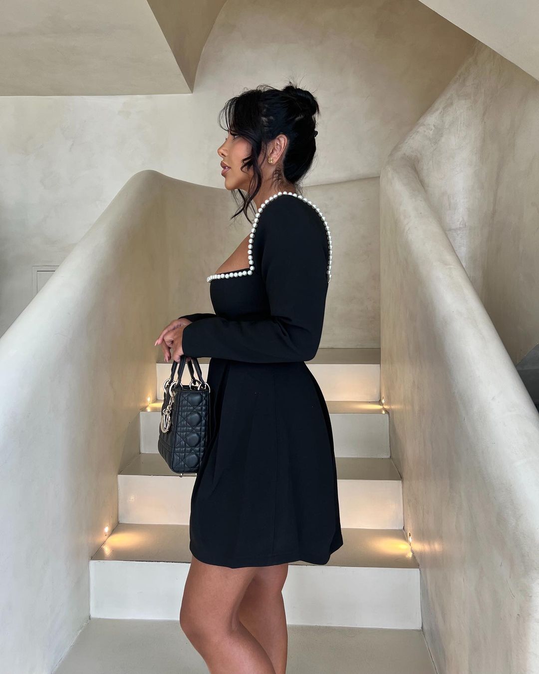 Cyrillae | Pearl Neck Pleated Mini Dress