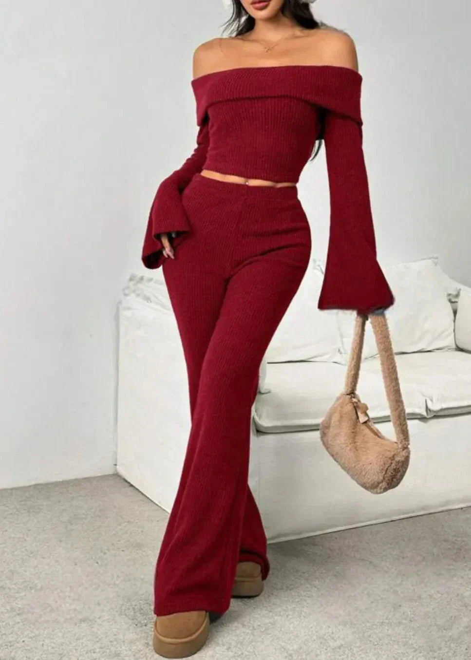 Delany | Burgundy Off-the-Shoulder Ribbed Knit Set