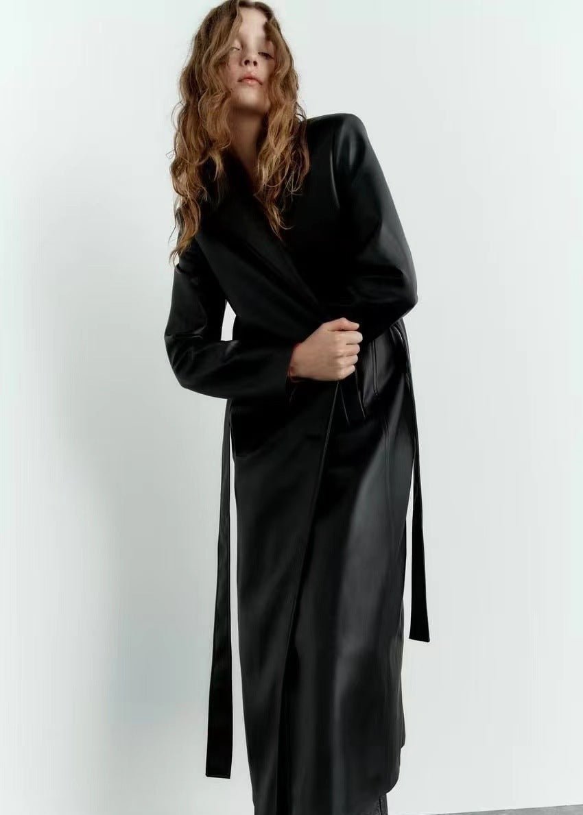 Black Belted Long Leather Wind Coat for Women