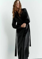 Black Belted Long Leather Wind Coat for Women