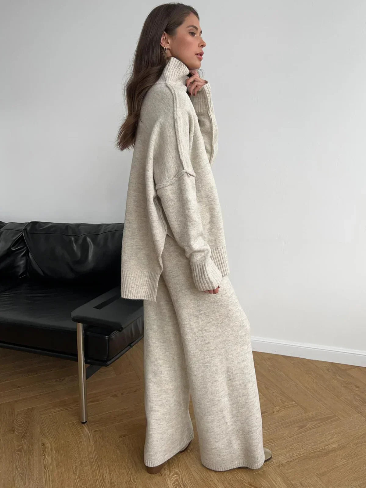 Cozy Knit Turtleneck Set with Wide-Leg Pants