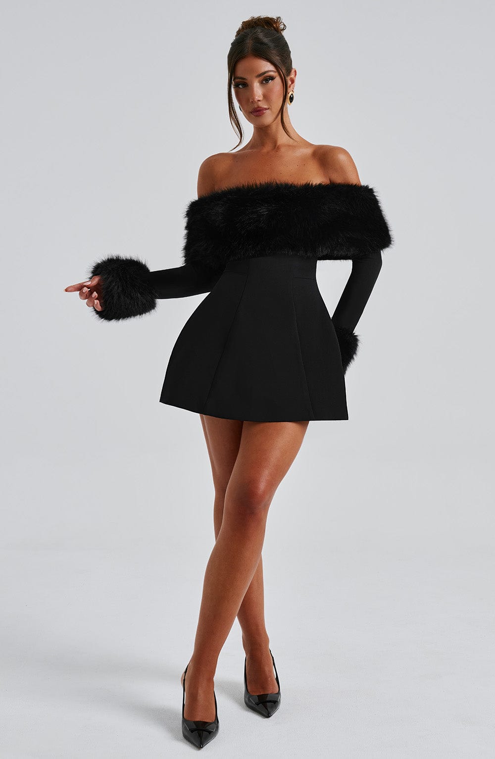 Venyra | Off-Shoulder Fur Sleeve Mini Dress