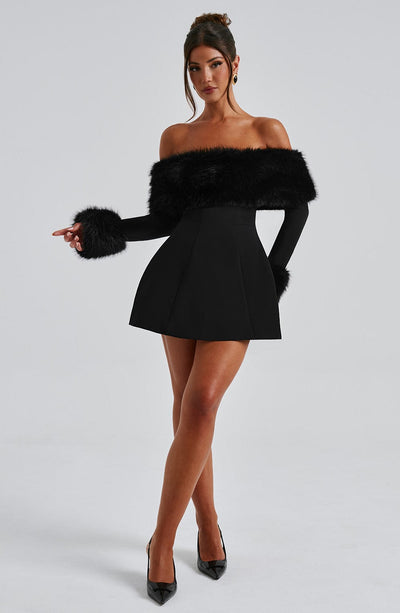 Venyra | Off-Shoulder Fur Sleeve Mini Dress