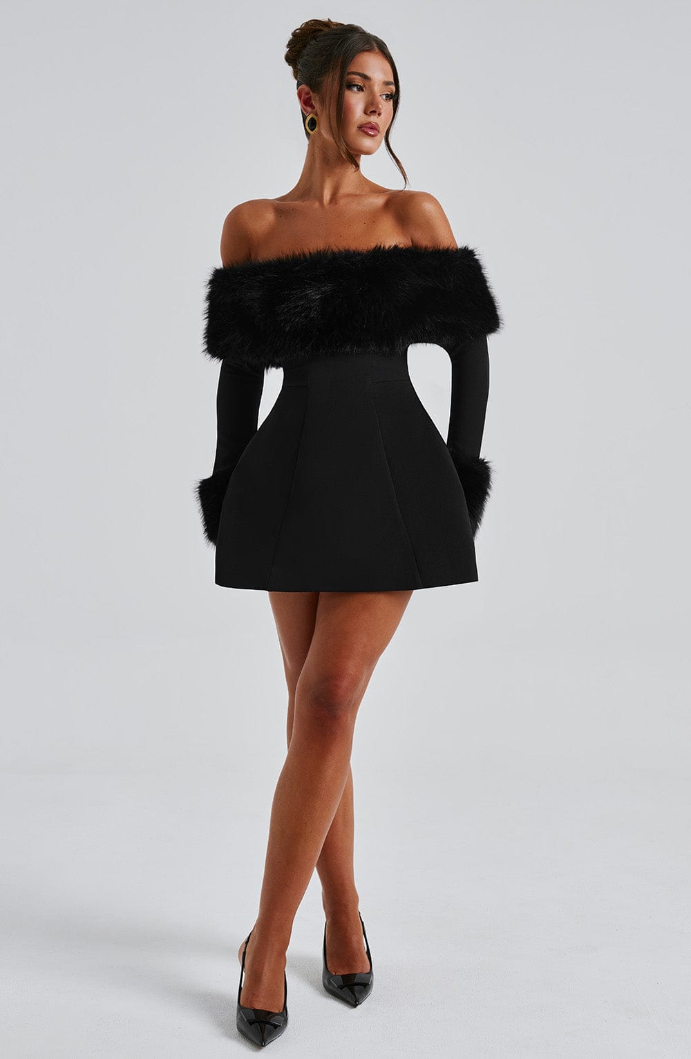Venyra | Off-Shoulder Fur Sleeve Mini Dress