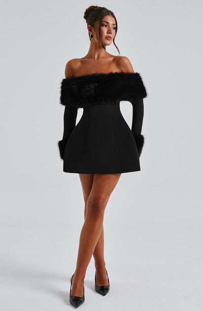 Venyra | Off-Shoulder Fur Sleeve Mini Dress