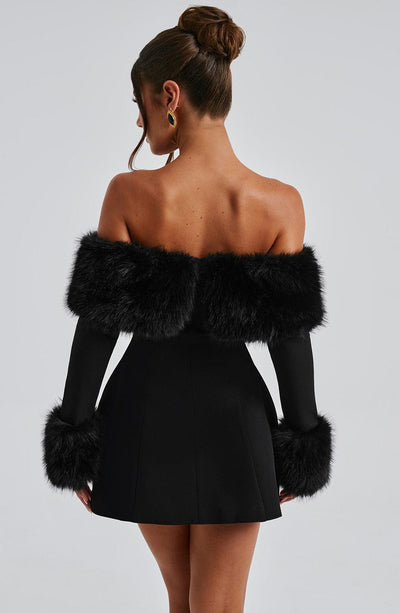 Venyra | Off-Shoulder Fur Sleeve Mini Dress