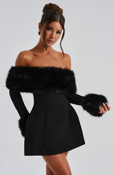 Venyra | Off-Shoulder Fur Sleeve Mini Dress