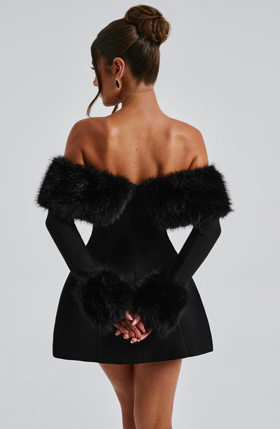 Venyra | Off-Shoulder Fur Sleeve Mini Dress