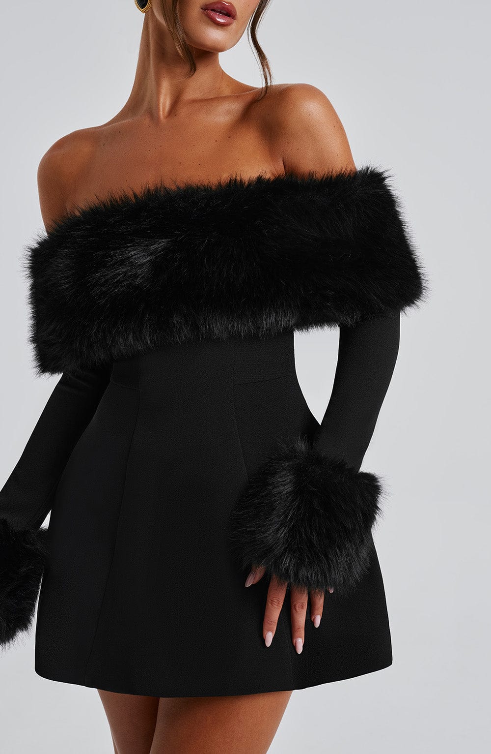 Venyra | Off-Shoulder Fur Sleeve Mini Dress