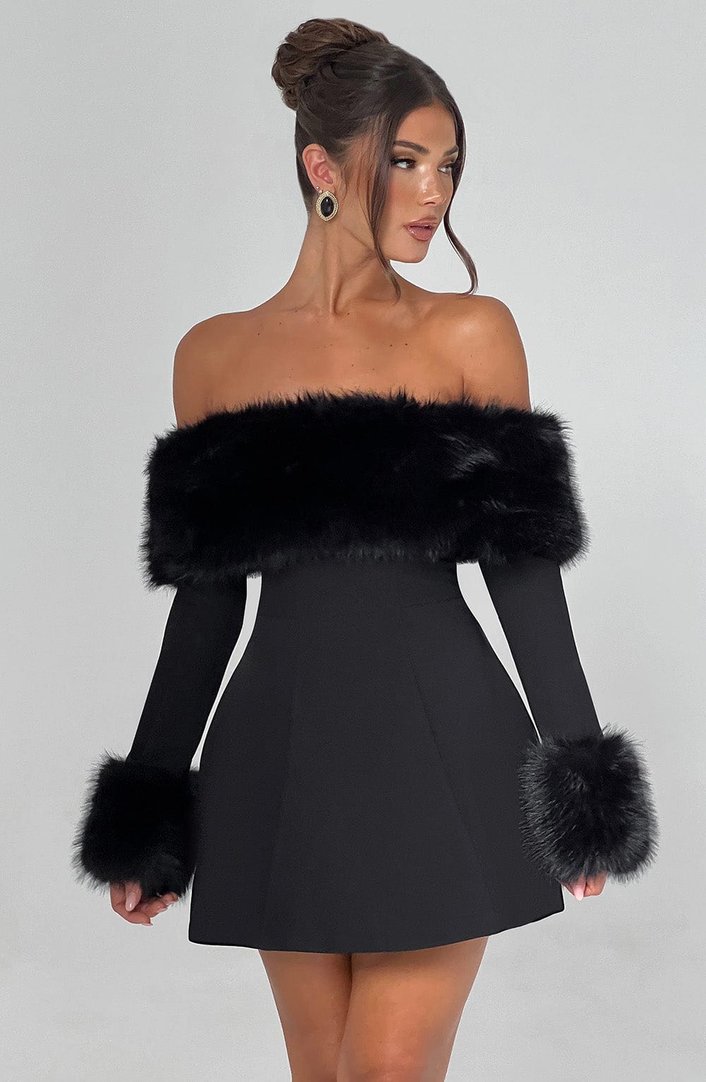Venyra | Off-Shoulder Fur Sleeve Mini Dress