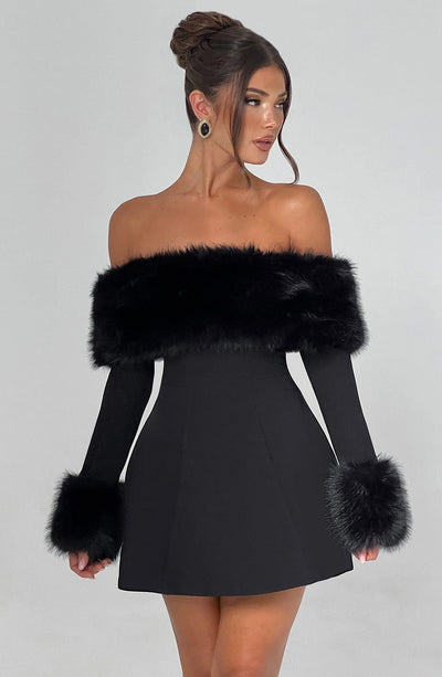 Venyra | Off-Shoulder Fur Sleeve Mini Dress