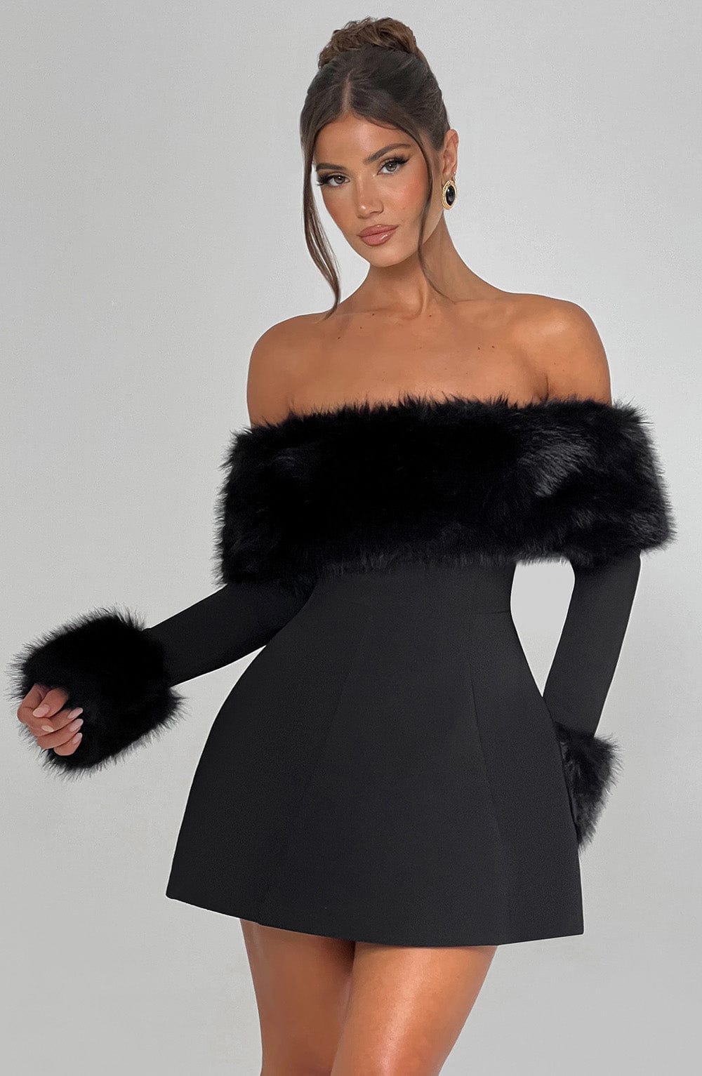 Venyra | Off-Shoulder Fur Sleeve Mini Dress