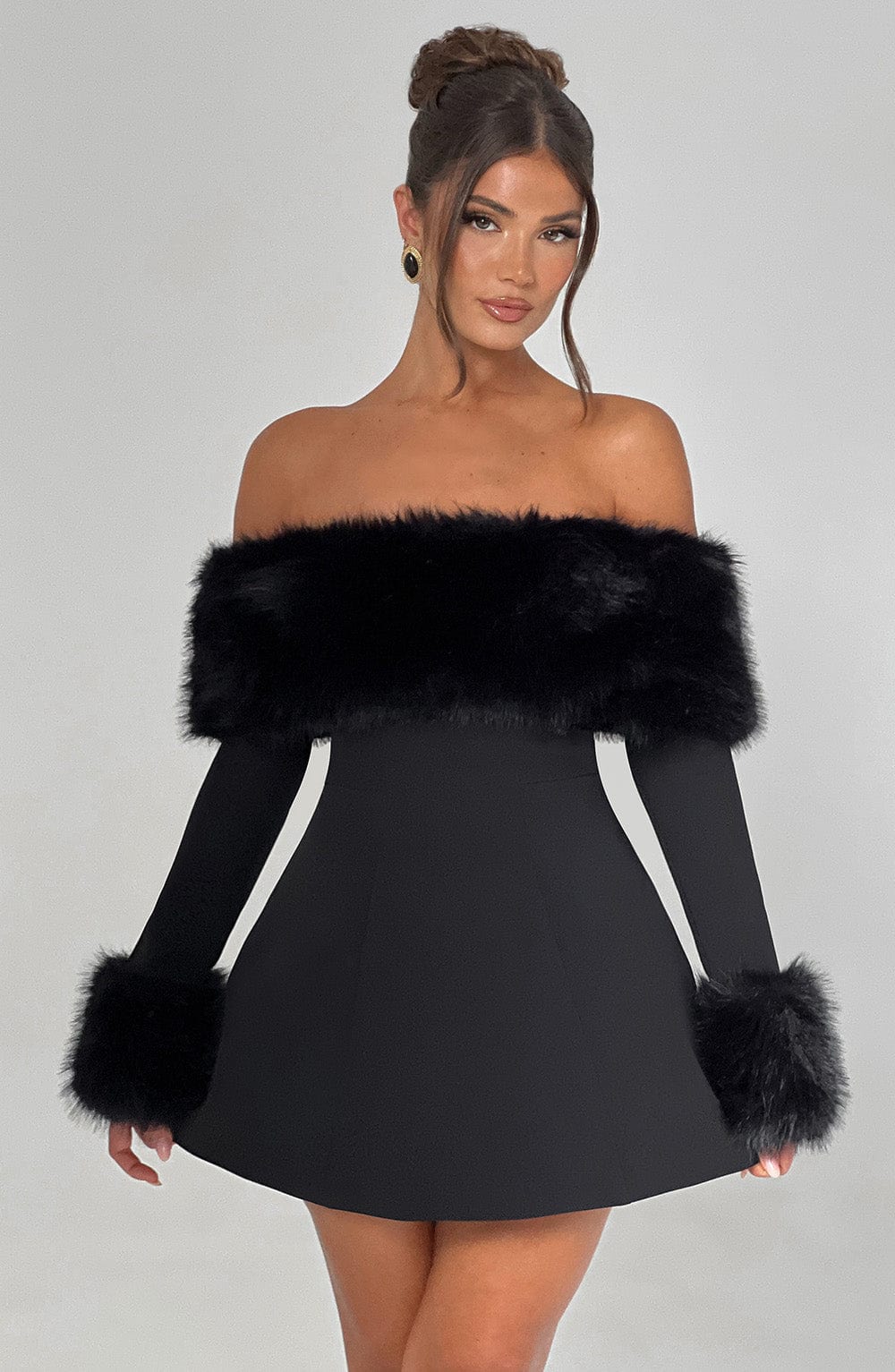 Venyra | Off-Shoulder Fur Sleeve Mini Dress