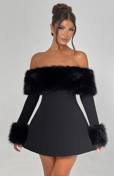 Venyra | Off-Shoulder Fur Sleeve Mini Dress
