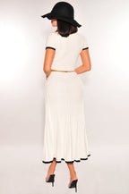 White Black Contrast Trim Pleated Knit Two Piece Skirt Set